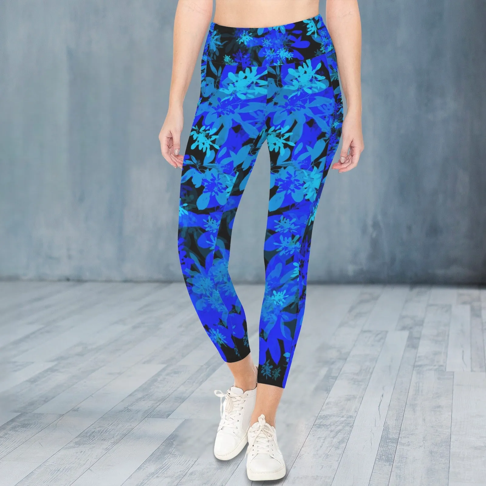 Black & Blue Leaves Leggings with Pockets up to 5 XL (FWS)