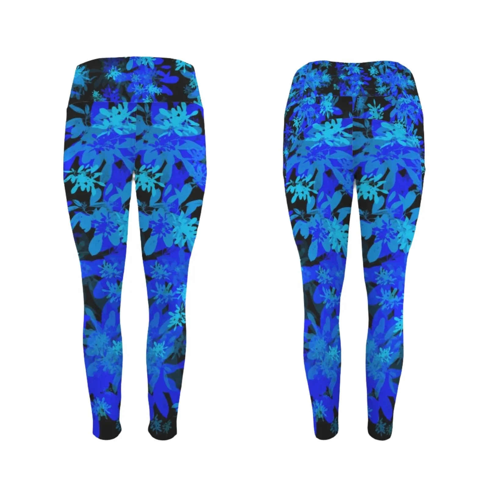 Black & Blue Leaves Leggings with Pockets up to 5 XL (FWS)