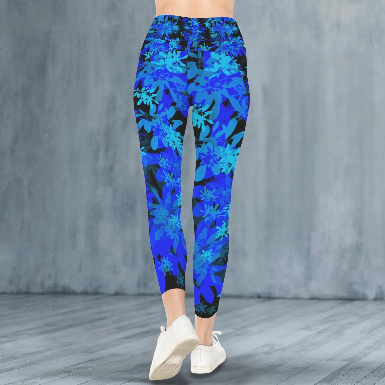 Black & Blue Leaves Leggings with Pockets up to 5 XL (FWS)