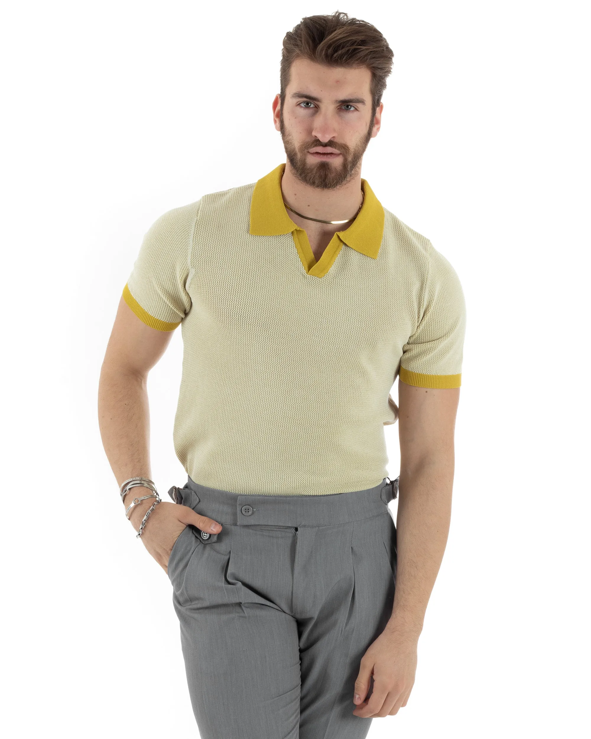 T-Shirt Uomo Maglia In Filo Maglia Con Colletto Polo Scollo V Casual Basic Giallo GIOSAL-TS2986A